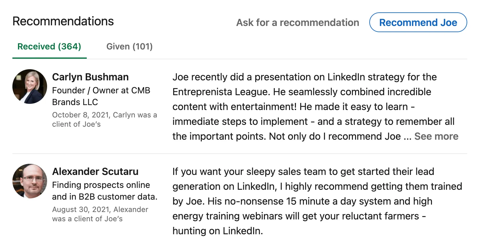 Joe Apfelbaum LinkedIn Recommendations